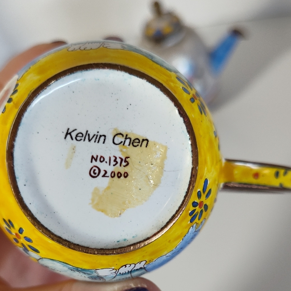 Kelvin Chen Enamel Teapot Trinket Boxes Hand Painted On Copper Two Cats - Picture 3 of 14